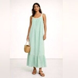 Magaschoni mint green cotton gauze maxi dress with lace trim and flounce. Size M